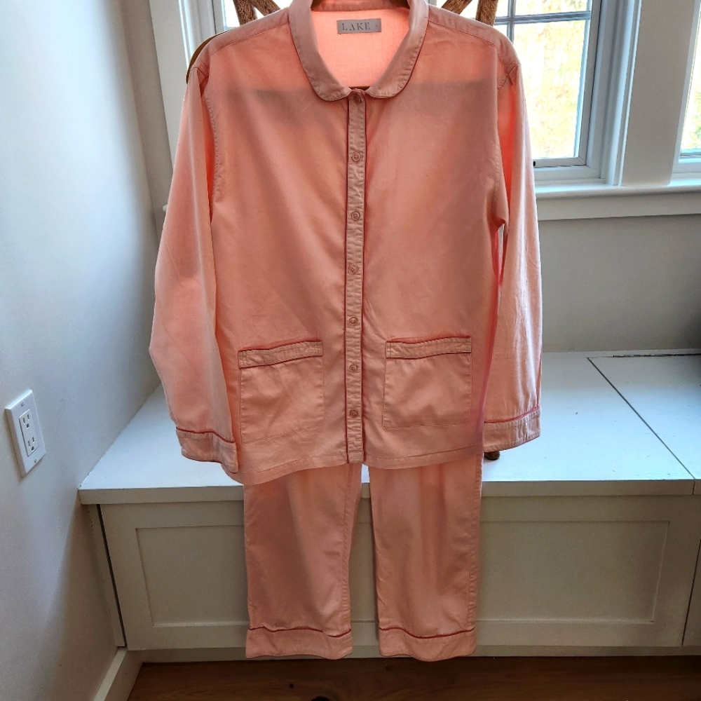 Lake Pajamas Poplin Piped Pants Set in Peach Size Large